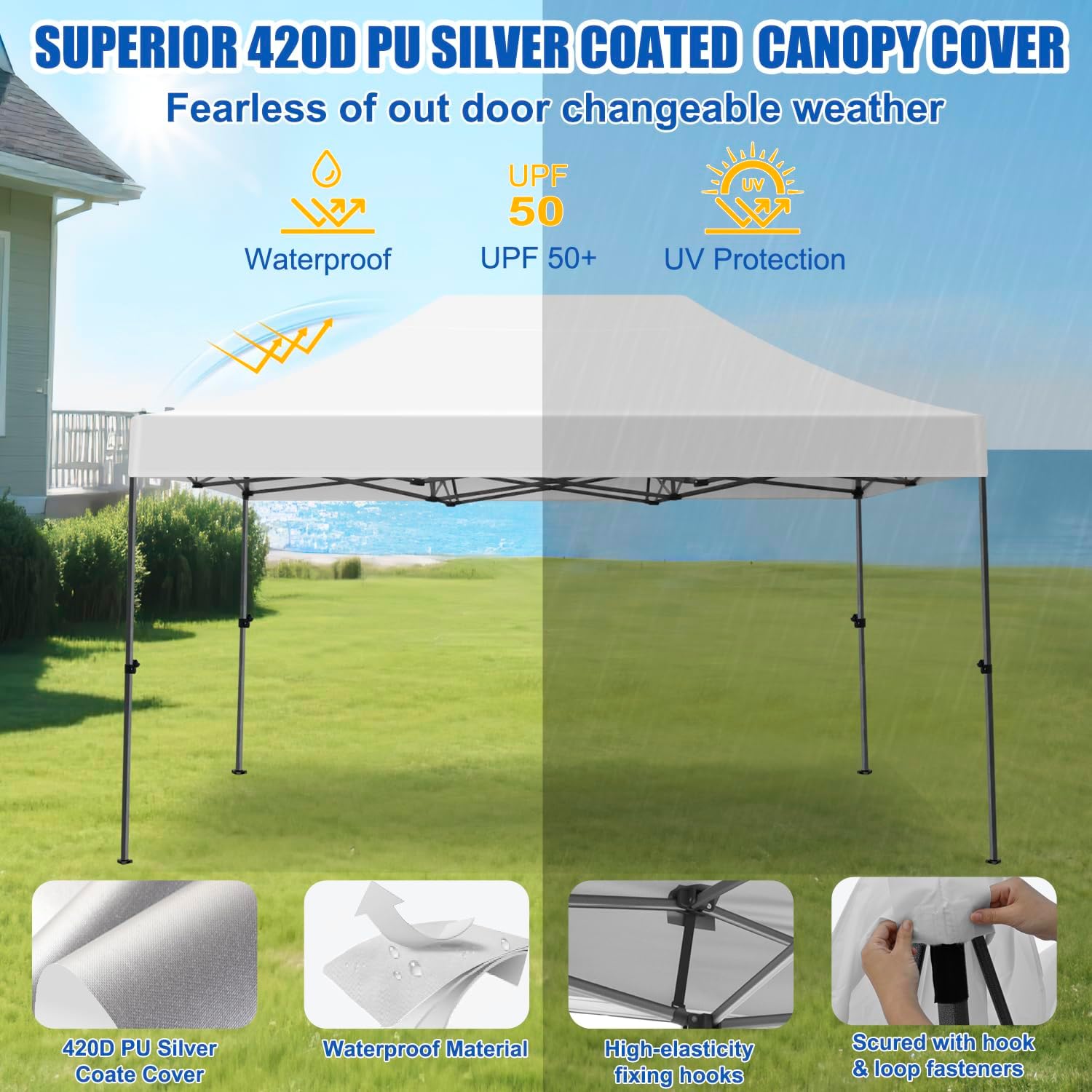 Yesker 10x15 Pop Up Canopy Tent - Instant Outdoor Canopy Easy Setup Gazebo, Waterproof & UV Protection, Large Adjustable Height Instant Sun Shelter Tents for Patio Backyard Market Party Events, White