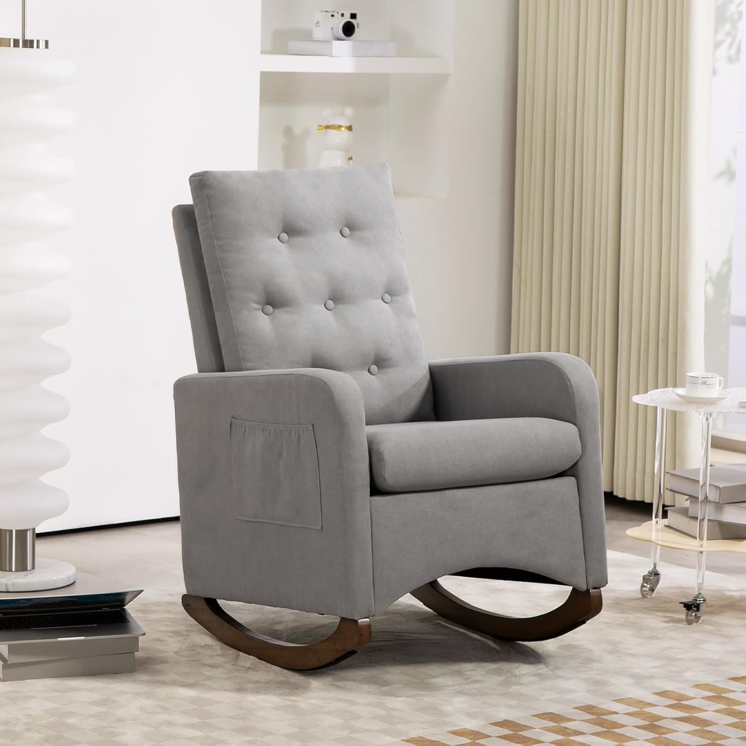 Nursery Rocking Chair, Comfy Upholstered Glider Rocker Armchair with Rubber Wood Legs High Back and Side Pocket for Living Room Bedroom, Light Gray