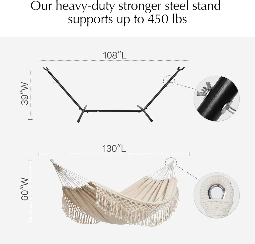 PNAEUT Handmade Tassel Hammocks, Double Hammock with Stand for Outside, Max 450 lbs Capacity, Pillow & Storage Bag Included (Beige)
