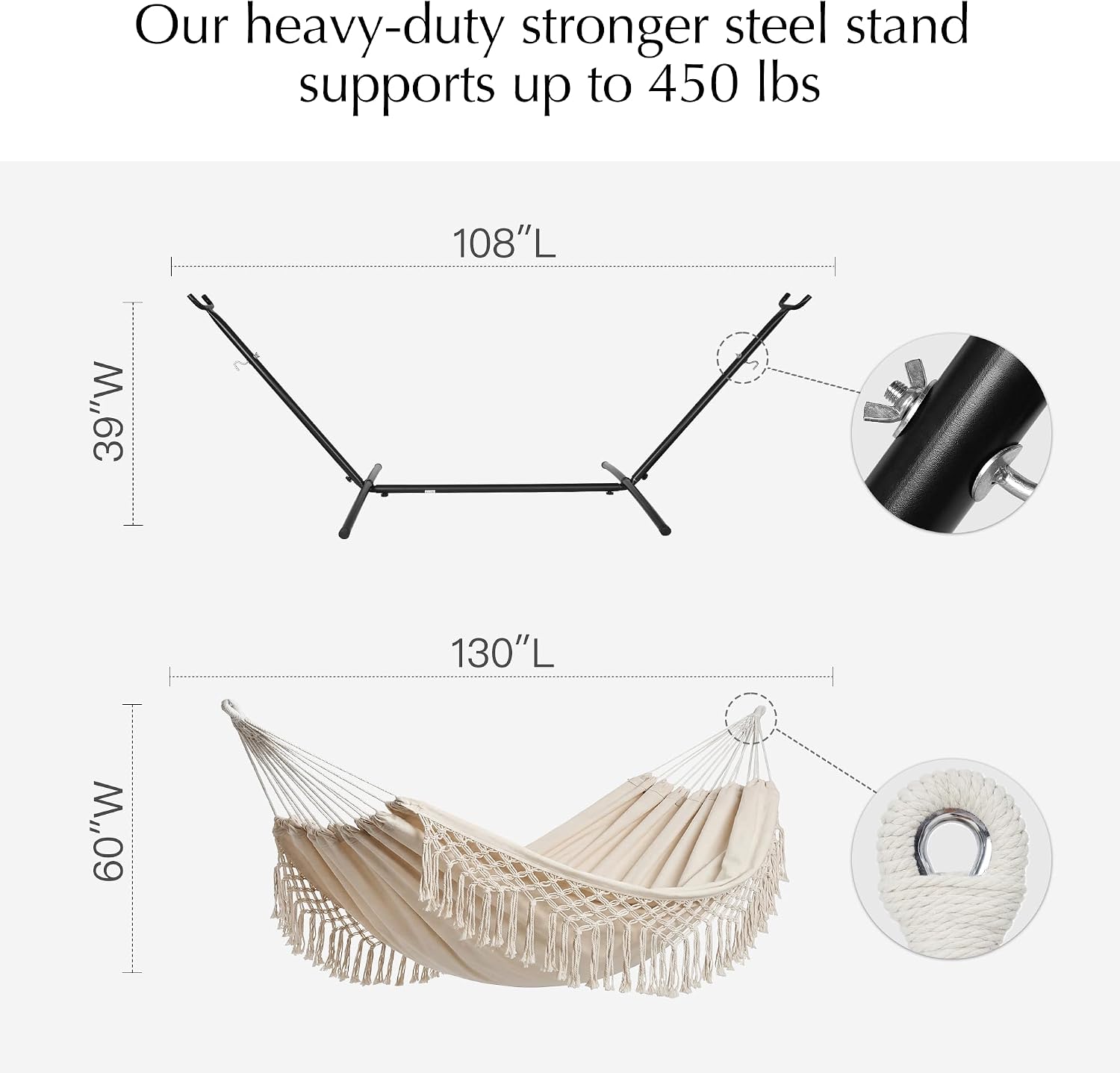 PNAEUT Handmade Tassel Hammocks, Double Hammock with Stand for Outside, Max 450 lbs Capacity, Pillow & Storage Bag Included (Beige)
