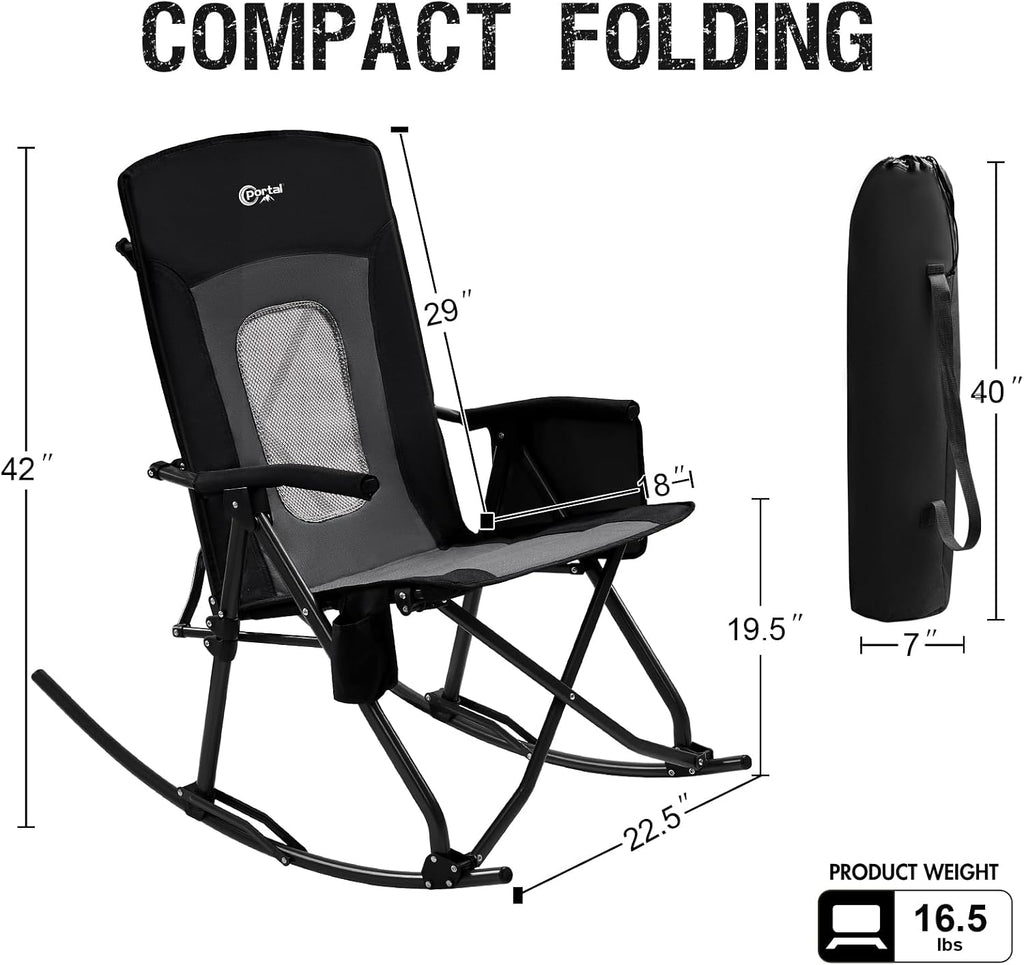 PORTAL Oversized Folding Rocking Camping Chair Portable Outdoor Rocker with High Back Hard Armrests Carry Bag, Supports 400 lbs