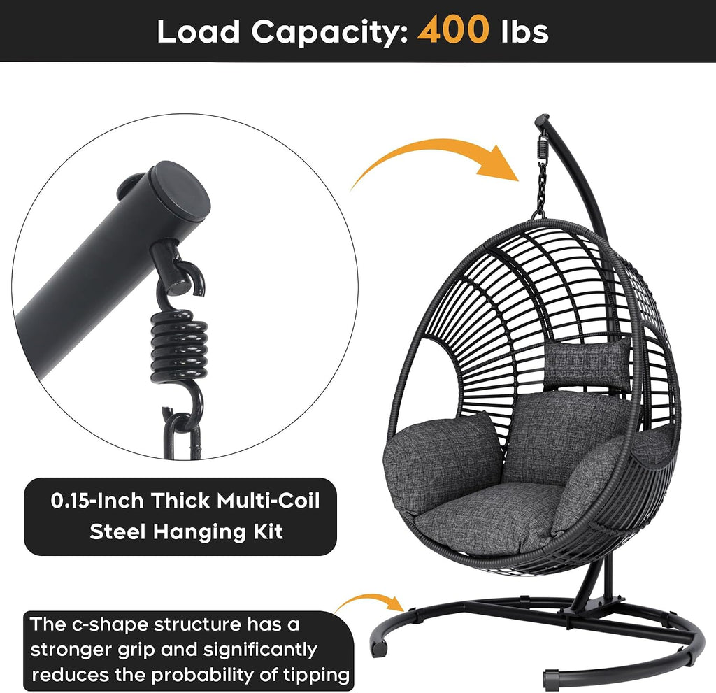 Hanging Egg Chair with Stand, Outdoor Swing Egg Chair with Rain Cover, 400 LBS Capacity All-Weather PE Wicker Swing Chair with Waterproof Cushions