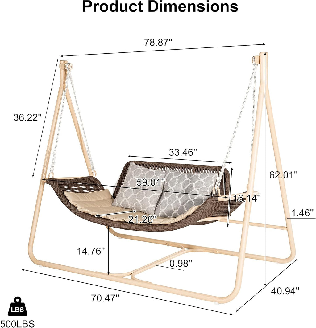 PURPLE LEAF 2 Seat Porch Swing Outdoor Hand-Woven Rattan Bench Glider Loveseat Hanging Cloud Swing Chair with Stand for Indoor Backyard Garden Patio Hammock Swinging, Cushion and Pillows Included