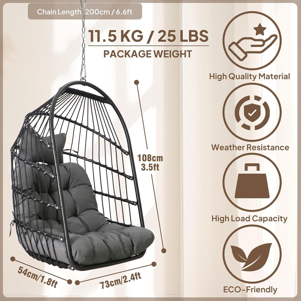 Chihee Egg Chair Foldable Wicker Rattan Hanging Swing Chairs Indoor Outdoor Patio Wicker Chair Hammock Chair with Stainless Steel Hanging Kit Chain Link UV Resistant Cushion Bedroom Balcony