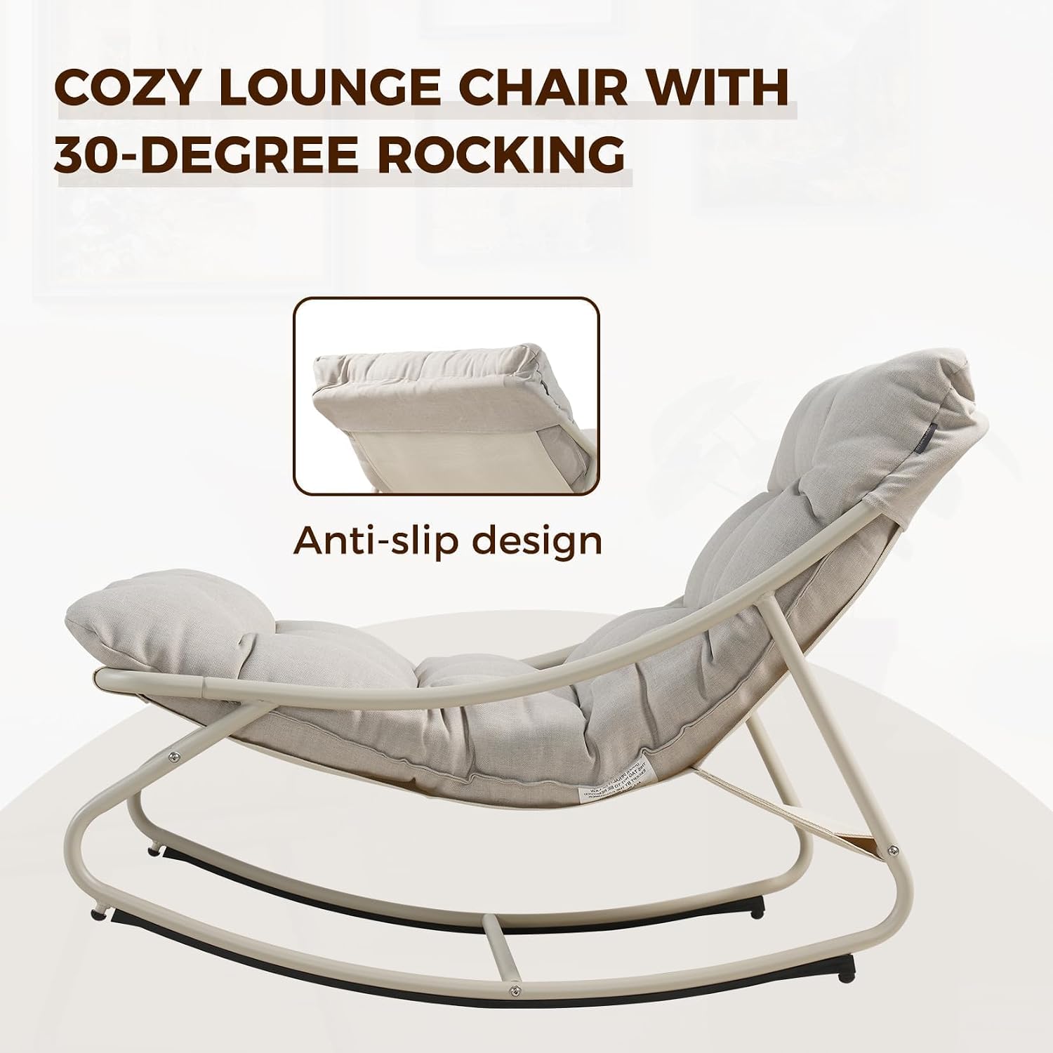 Grand patio Outdoor Rocking Chair, Metal Lounge Rocking Chair with Thick Cushion, Comfy Modern Rocker for Patio Porch Deck Backyard, Beige