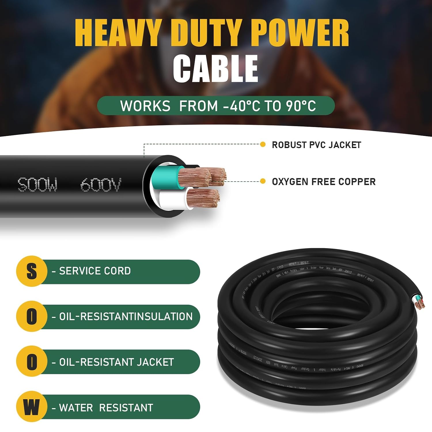 15ft 6/4 6 AWG Portable Power Cable (4 Conductor) - SOOW 600V 6 Gauge Electric Wire for Motor Leads, Generator, Portable Lights, Car Battery Chargers and Machinery - 15 Feet Electrical Cord