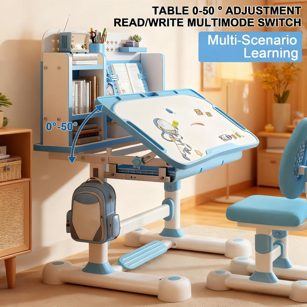 Kids Desk and Chair Set, Height Adjustable Kids Desk with Cartoon Pattern, Widened Tabletop, Tiltable Reading Stand, Back Support & Spine Protect, Prevent Myopia, for Boys & Girls 3+ (Blue1)