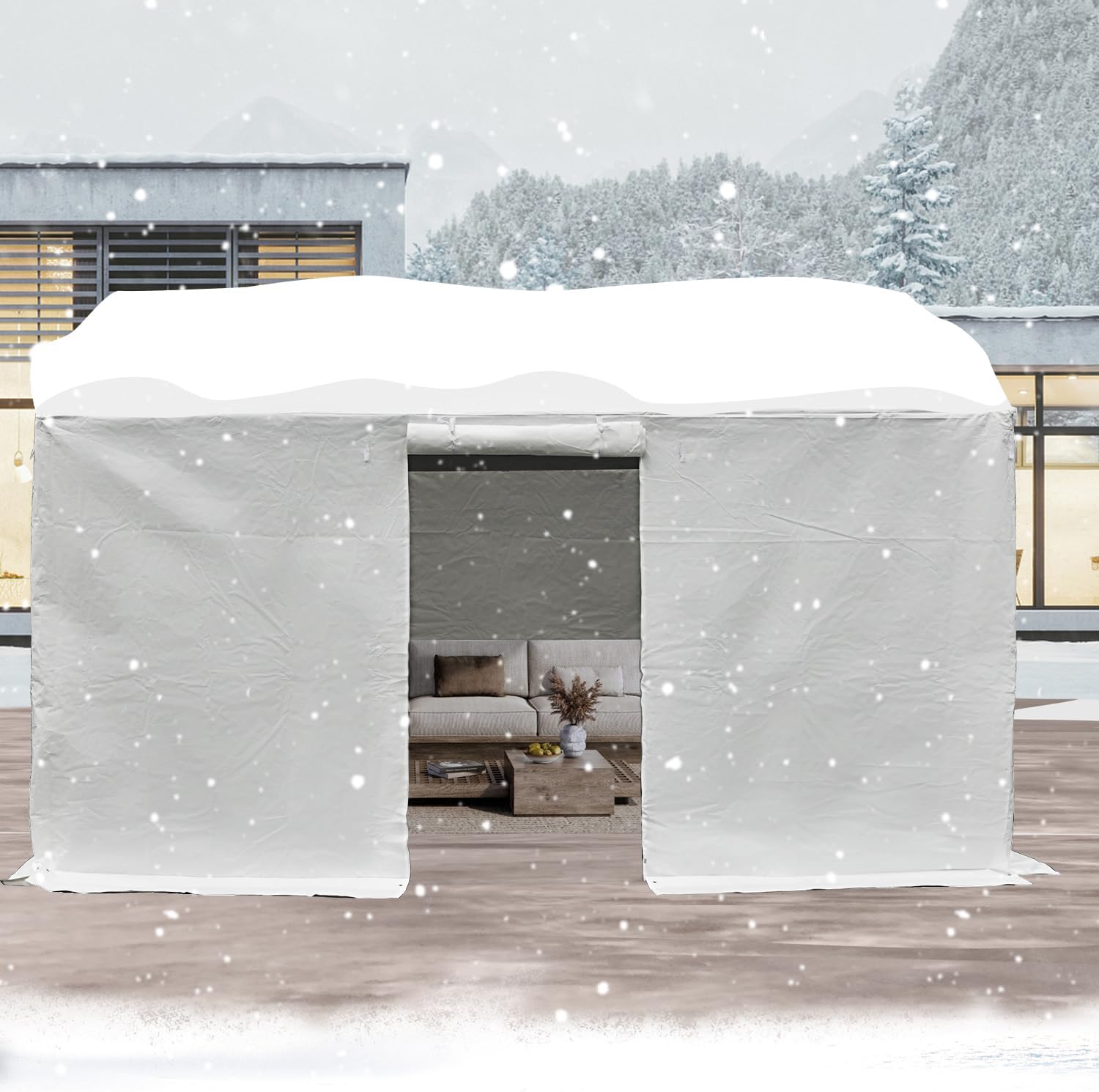 Domi 12' x 14' Universal Winter Gazebo Cover, All Season Waterproof Enclosed Cover with Sidewalls & Ventilated Mesh Windows, All-Weather Outdoor Cover for Gable Roof Gazebos, White