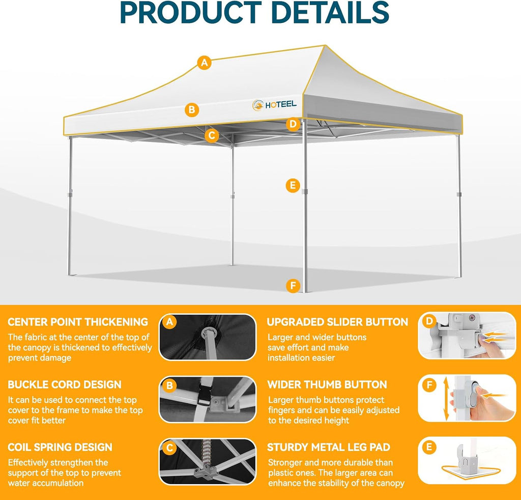 Hoteel 10x15 Pop Up Canopy Tent Heavy Duty with 4 Sidewalls, Waterproof Party Tent, Easy Set-up Commercial Instant Tents with Roller Bag & Sandbags, Hexagonal Leg (1-Year Warranty)