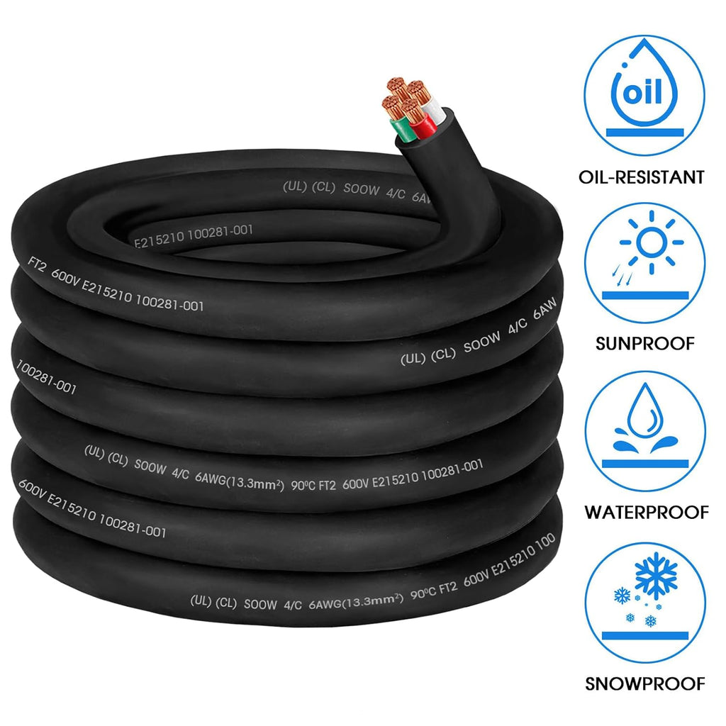 25ft 6/4 6 AWG Portable Power Cable 6 Gauge 600V SOOW Electric Wire 4 Conductor OFC 6 AWG Extension Cord Cable Wire for NEMA 14-50 Generator,Welder,RV Outlet Box,EV Battery Charger,Machinery