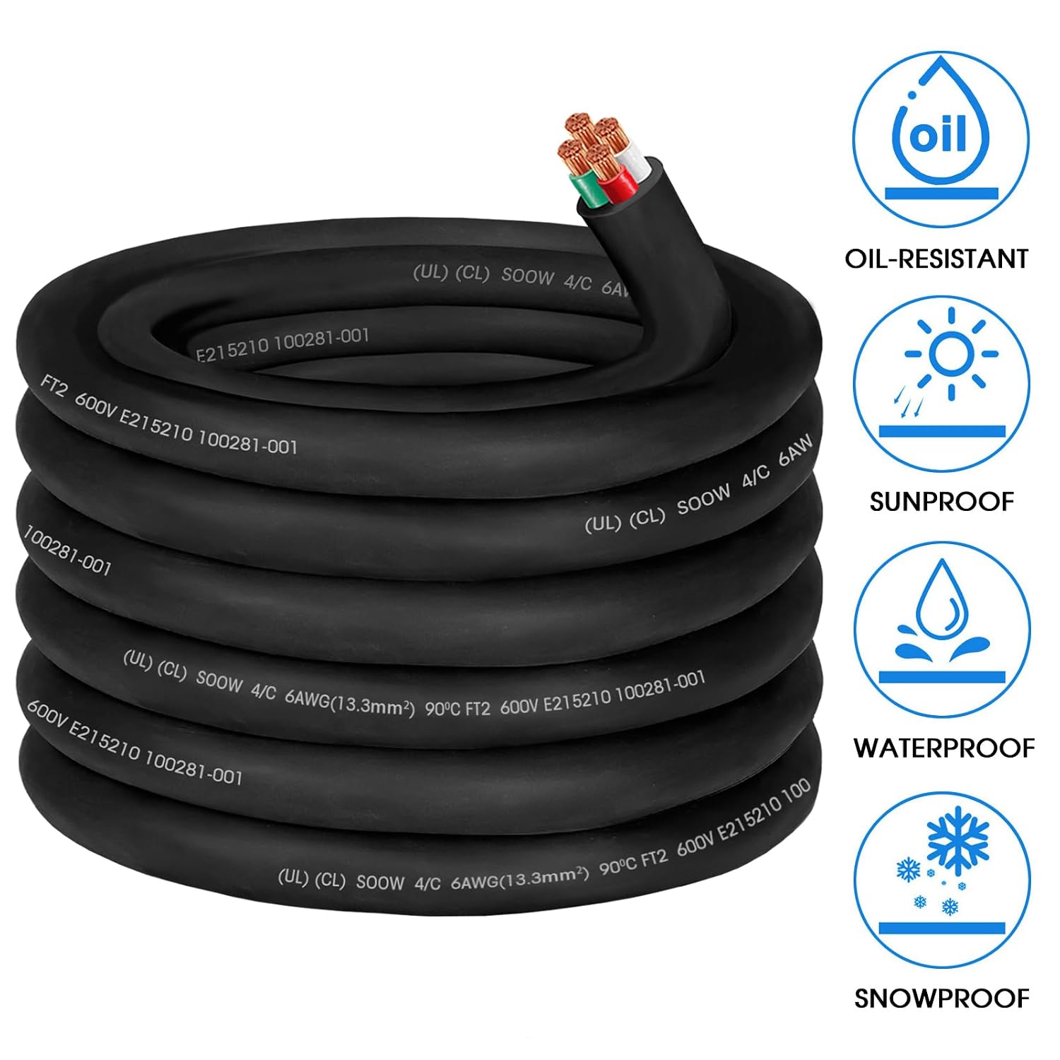 25ft 6/4 6 AWG Portable Power Cable 6 Gauge 600V SOOW Electric Wire 4 Conductor OFC 6 AWG Extension Cord Cable Wire for NEMA 14-50 Generator,Welder,RV Outlet Box,EV Battery Charger,Machinery