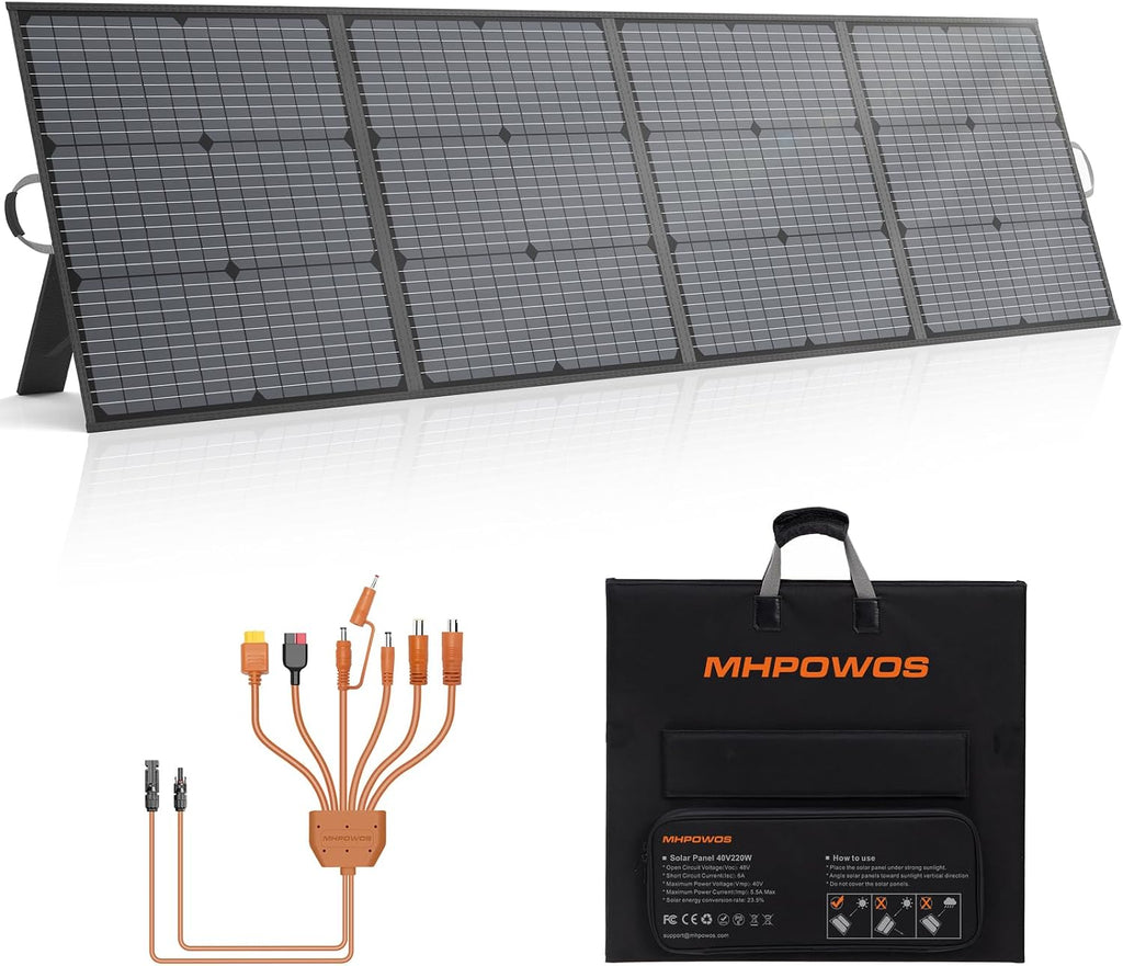 Portable Solar Panel 220W 40V Monocrystalline Foldable Solar Panels Charger Power Backup, IP67 Waterproof Durable for Power Station RV Camping Off Grid Fishing