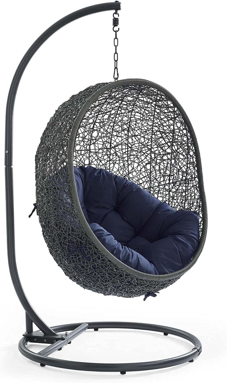 Modway Hide Wicker Rattan Outdoor Patio Porch Lounge Egg Swing Chair Set with Stand in Gray Navy