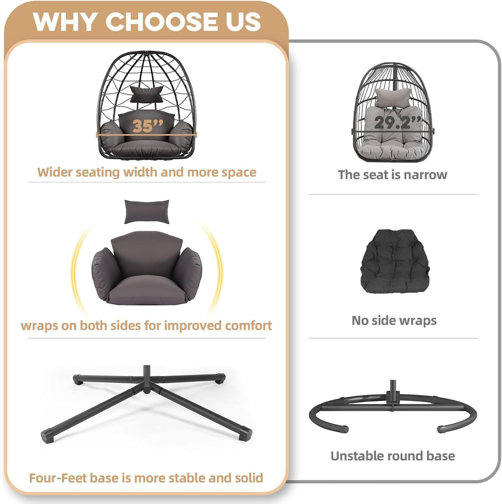Egg Chair with Stand Outdoor Ratten Wicker Hanging Egg Chair Outdoor Indoor with Thickened Cushion Swing Chair Hammock for Patio Apartment Bedroom Garden Balcony (Dark Grey Wicker+Grey Cushion)