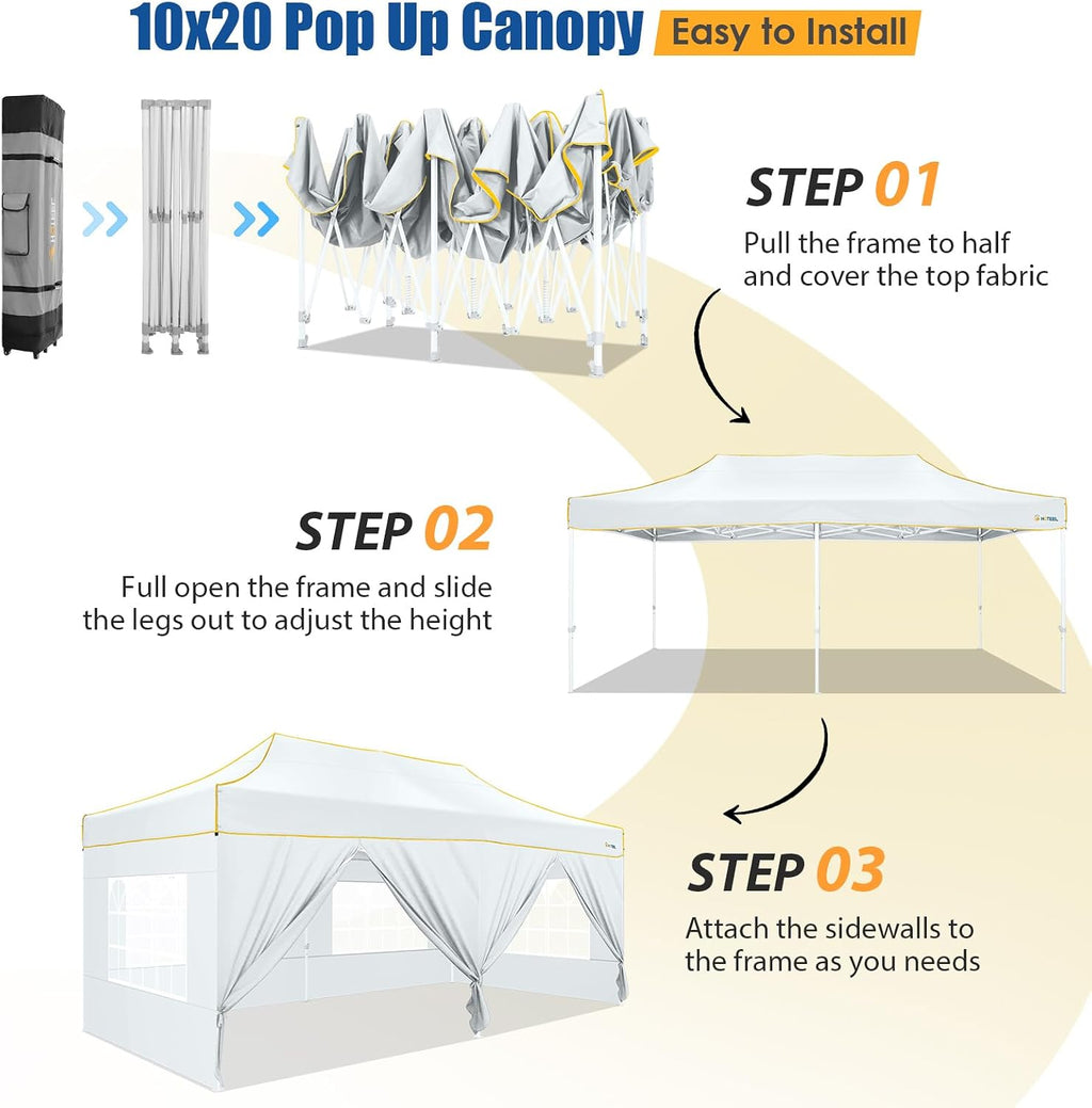 HOTEEL 10x20 Heavy Duty Pop up Canopy Tent with 6 Sidewalls, Easy Setup Outdoor Commercial Instant Gazebo for Parties Wedding Event, with Roller Bag & Sand Bags, White(Hexagonal Frame)