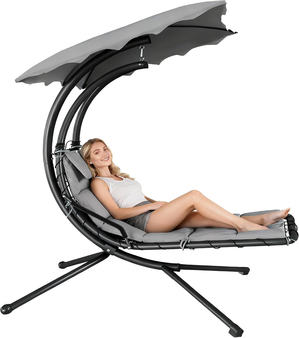 GarveeLife Chaise Lounger Swing Chair with Umbrella Canopy, Patio Hanging Chaise Lounger Chair with Stand, Curved Steel Outdoor Lounge Chairs for Indoor Patio Pool Garden Backyard Porch