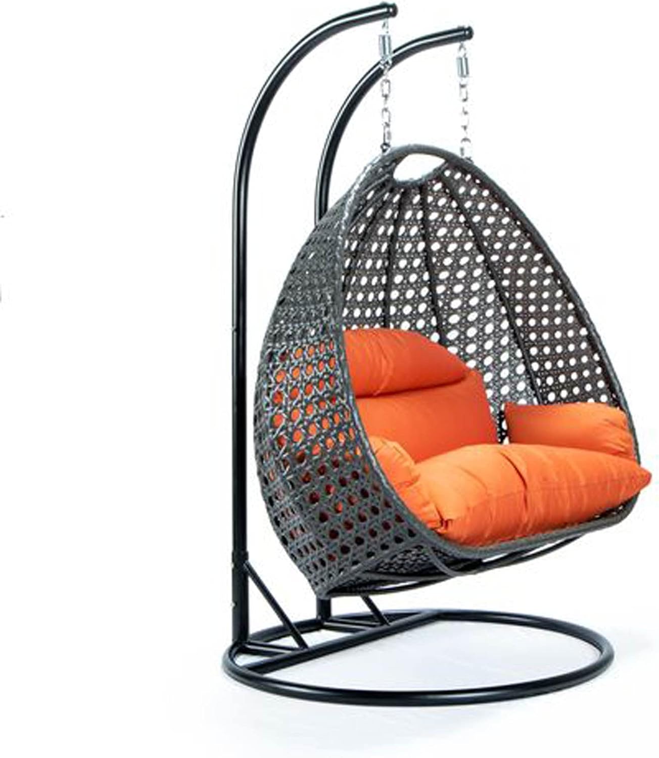 LeisureMod 2 Person Wicker Hanging Egg Chair, Indoor Outdoor Patio Swing with Black Stand & UV-Resistant Cushions, Lounge Chair for Bedroom & Garden, Orange