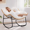 ONBRILL Outdoor Rocking Chairs, Oversized Papasan Rocking Chair Indoors with Padded Cushions, Rattan Wicker Lounge Chair for Living Room, Porch, Patio, Garden, White