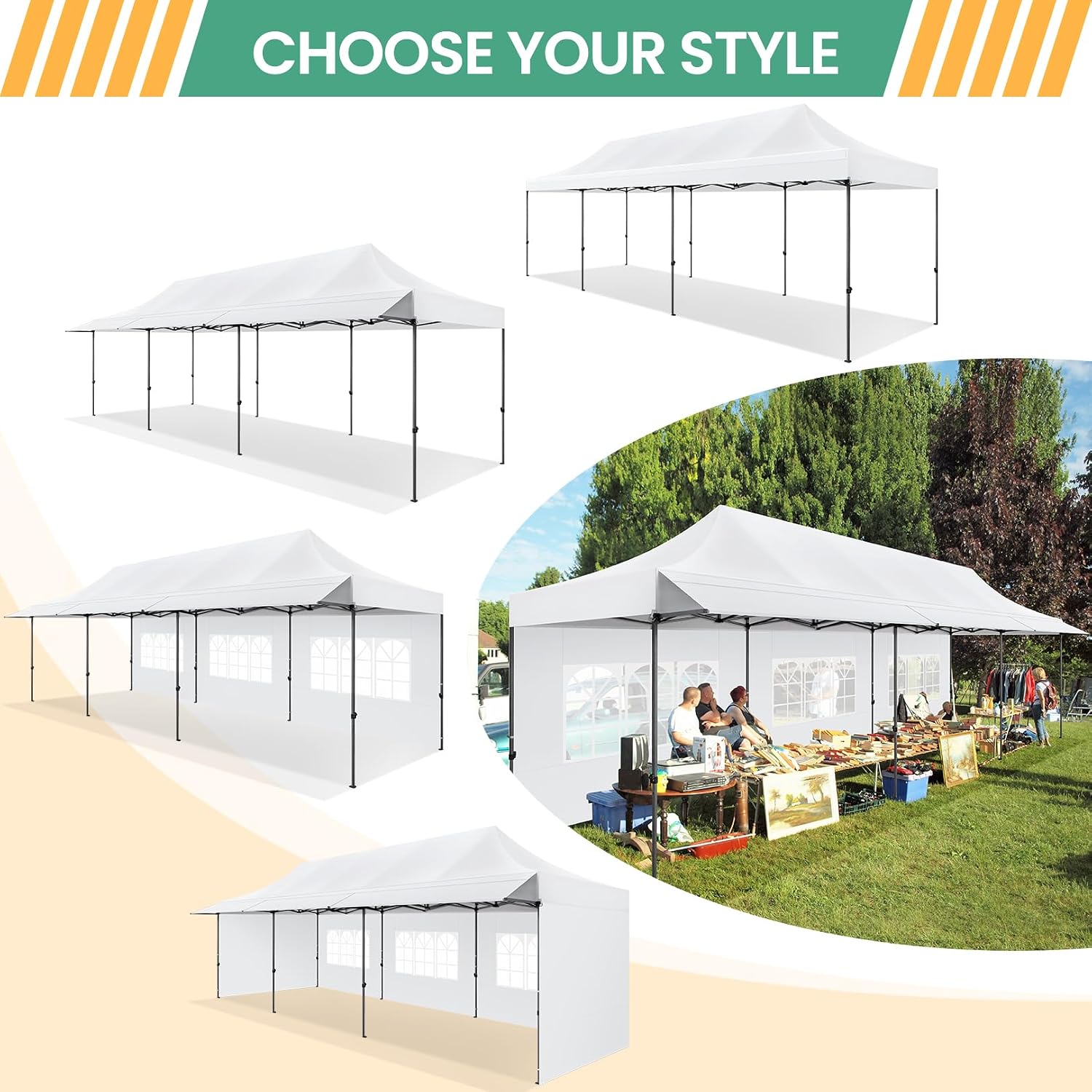 COBIZI 10x30 Pop Up Canopy Tent with Awning & Sidewalls, Heavy Duty Commercial 10X30 Canopy Tents Instant Waterproof, UPF 50+ Sun Shade for Outdoor, Parties, Markets (White)