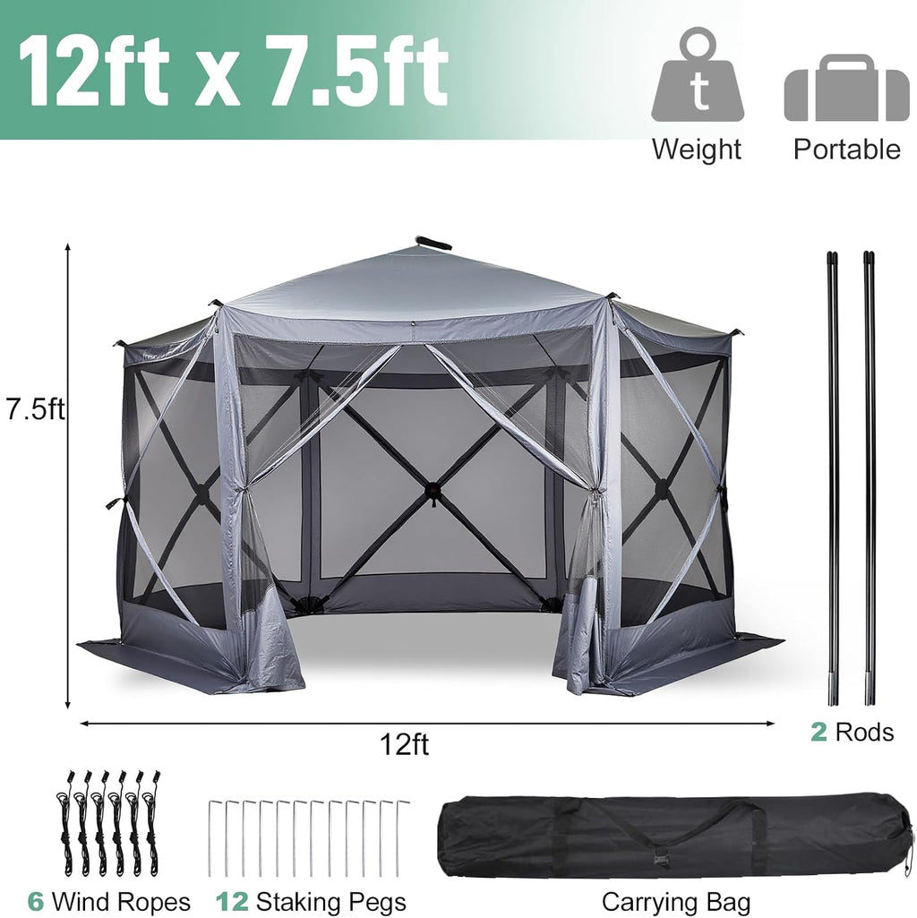 VINGLI 12x12 Pop Up Gazebo Tent, Portable Easy Up Screen Tent for Camping with Mosquito Netting, Camping Canopy Shelter with Carry Bag, Ground Stakes