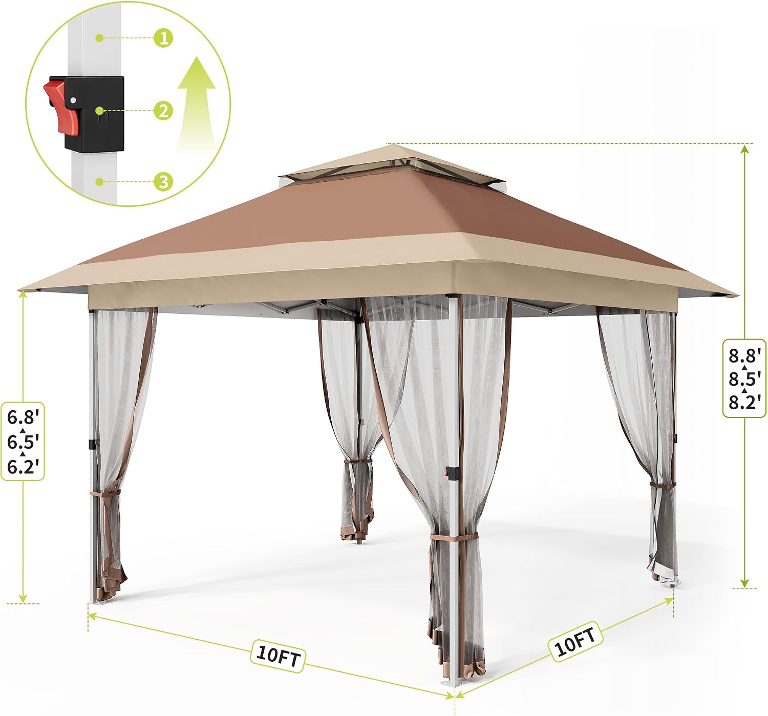 GarveeLife 10x10 Canopy Tent, Pop Up Gazebo Tent with Mosquito Netting, Outdoor Canopy with 4 Sandbags & Wheeled Bag & Height Adjustable, Pop Up Gazebo for Patio Garden Backyard Lawn Deck