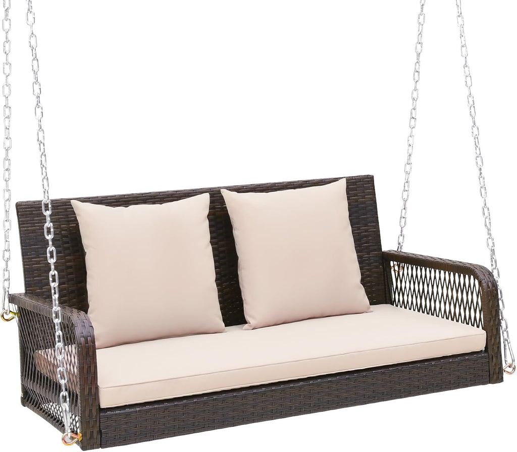 Tangkula Wicker Outdoor Porch Swing, 800 LBS Capacity Outdoor Swing Bench with Hanging Chains, Back and Seat Cushions, 2-Seater Hanging Patio Bench for Deck, Garden, Yard (Beige)