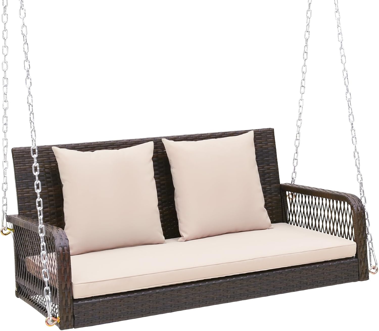 Tangkula Wicker Outdoor Porch Swing, 800 LBS Capacity Outdoor Swing Bench with Hanging Chains, Back and Seat Cushions, 2-Seater Hanging Patio Bench for Deck, Garden, Yard (Beige)
