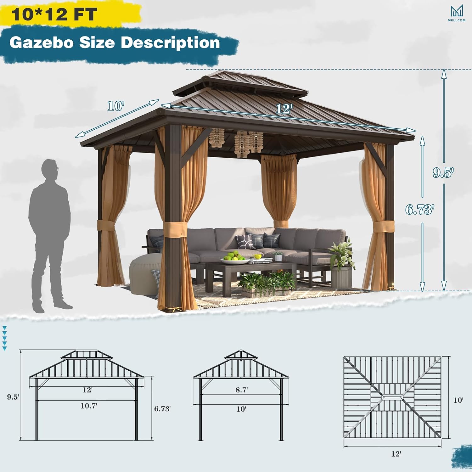 MELLCOM 10'x12' Hardtop Gazebo, Metal Double Roof Aluminum Gazebos with Curtain and Netting,Brown Permanent Galvanized Steel Pavilion for Patio, Lawn & Deck