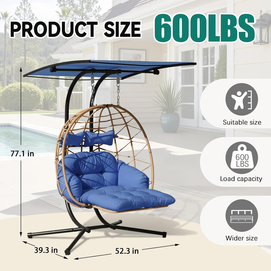 Double Egg Chair with Foldable Stand/Adjustable Canopy 2 Person Outdoor Hammock Swing Chair UV Resistant Removable Cushions for Outdoor Patio Balcony Garden (Blue)