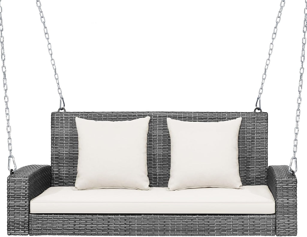 RELAX4LIFE 2-Person Porch Swing Bench - PE Rattan Outdoor Swing Chair with Comfortable Seat & Back Cushions, Rustproof Metal Chains, Patio Loveseat Swing for Balcony, Garden, Yard, 800 LBS (Off White)