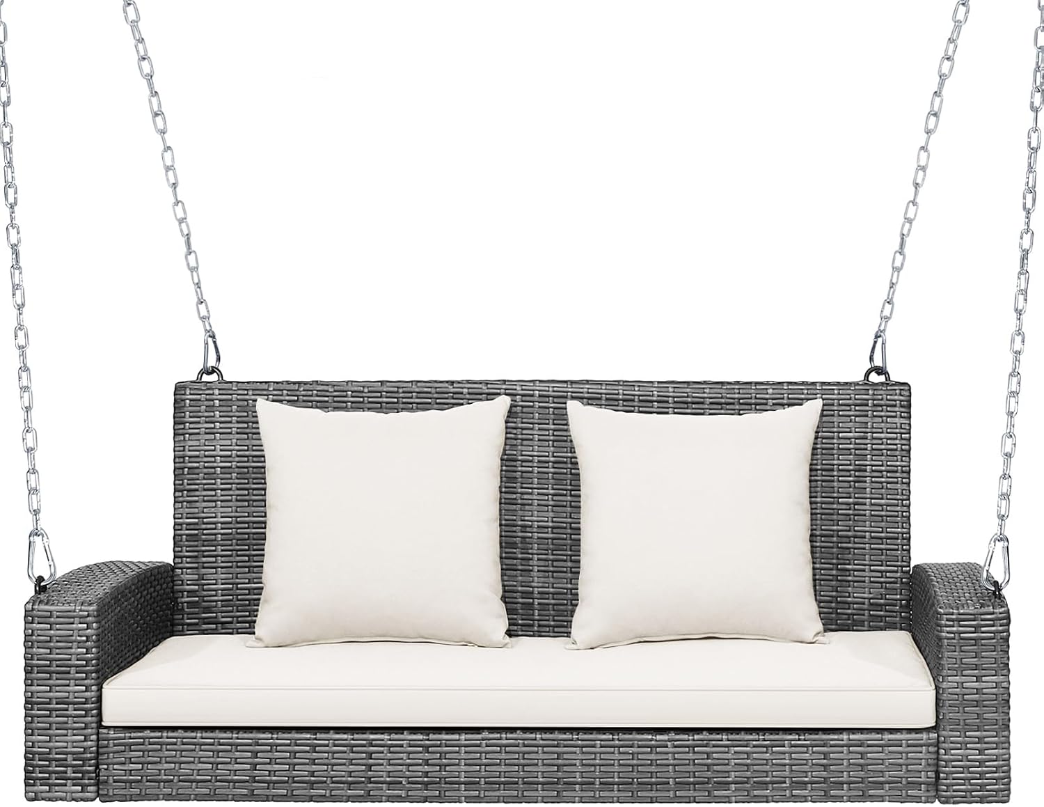 RELAX4LIFE 2-Person Porch Swing Bench - PE Rattan Outdoor Swing Chair with Comfortable Seat & Back Cushions, Rustproof Metal Chains, Patio Loveseat Swing for Balcony, Garden, Yard, 800 LBS (Off White)