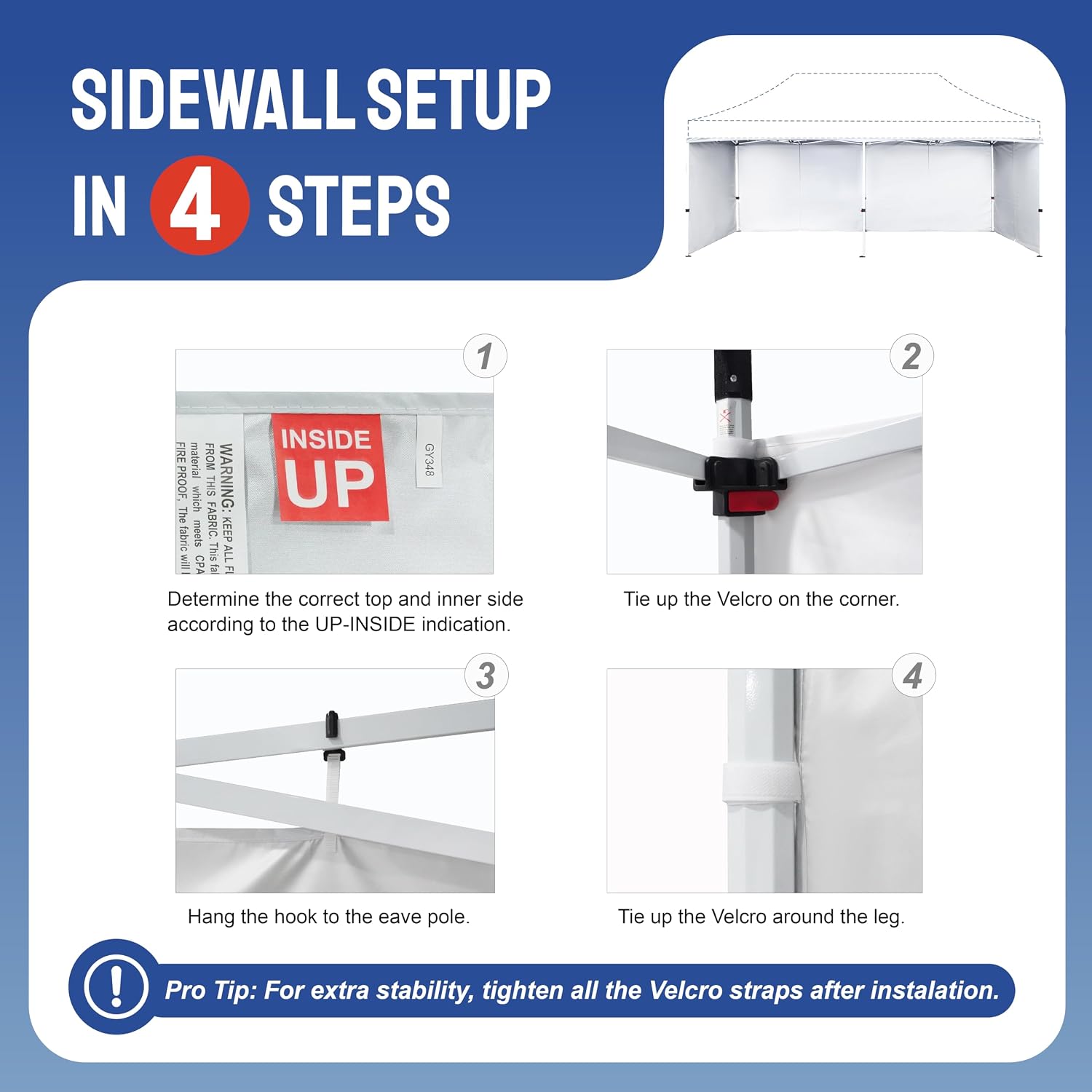 CROWN SHADES 10x20 Canopy Sidewalls (4pck) - Replacement Walls for 10x20 Gazebo, Event Shelter Accessories - White