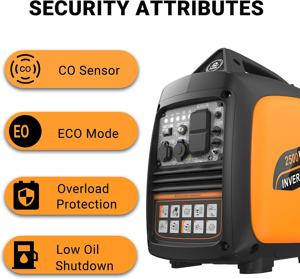 2500W Portable Inverter Generator, Super Quiet Long Runtime Gas Generator for Home Use, with CO Sensor, Parallel Capable, for Camping, RV, Tailgating, Emergency Backup, EPA Compliant (Orange)