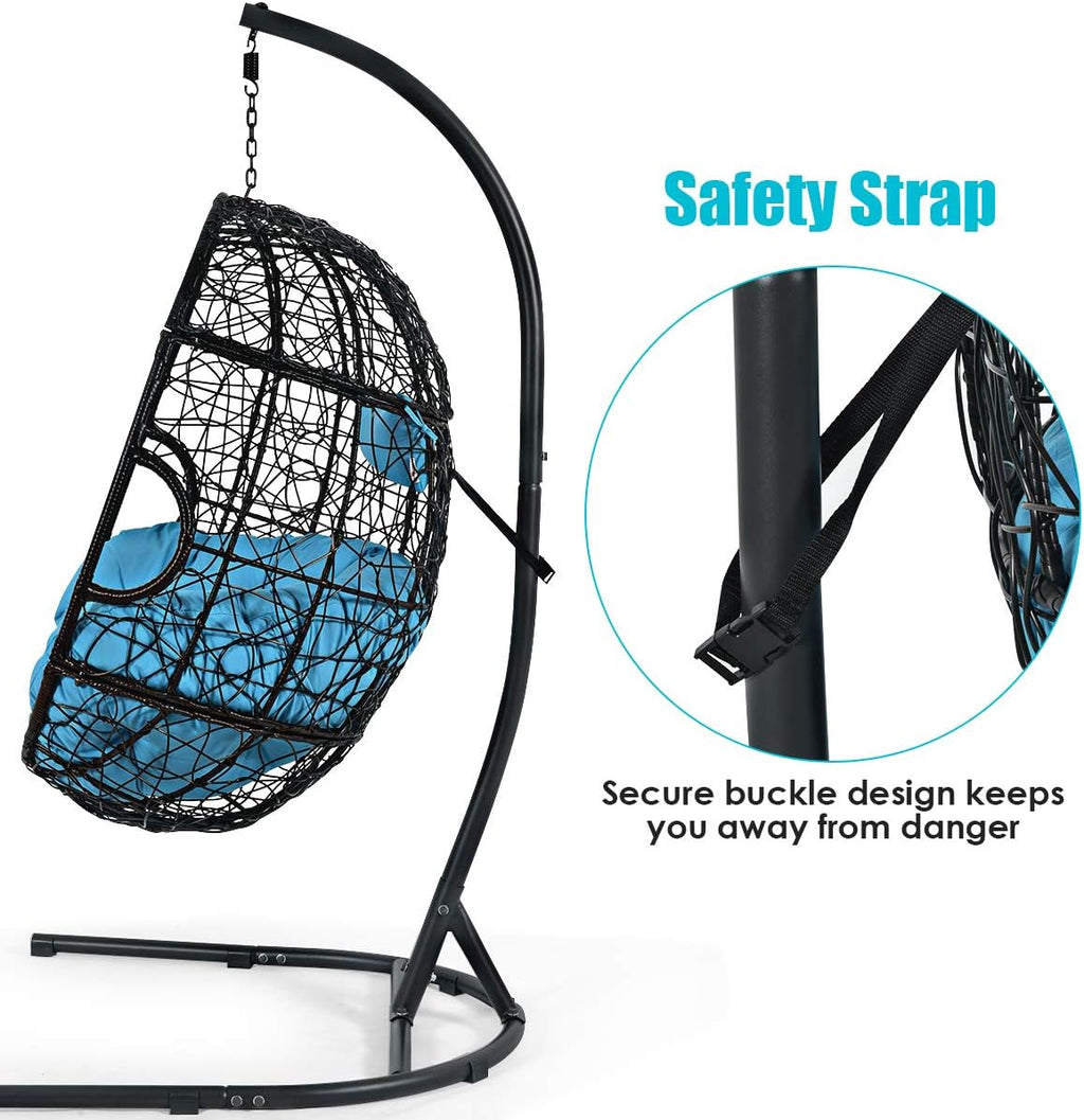 Giantex Hanging Egg Chair, 36.5-Width Oversized Swing Chair with C-Hammock Stand Set, Hammock Chair with Soft Seat Cushion & Pillow, Multifunctional Hanging Chairs for Outdoor Indoor Bedroom (Blue)