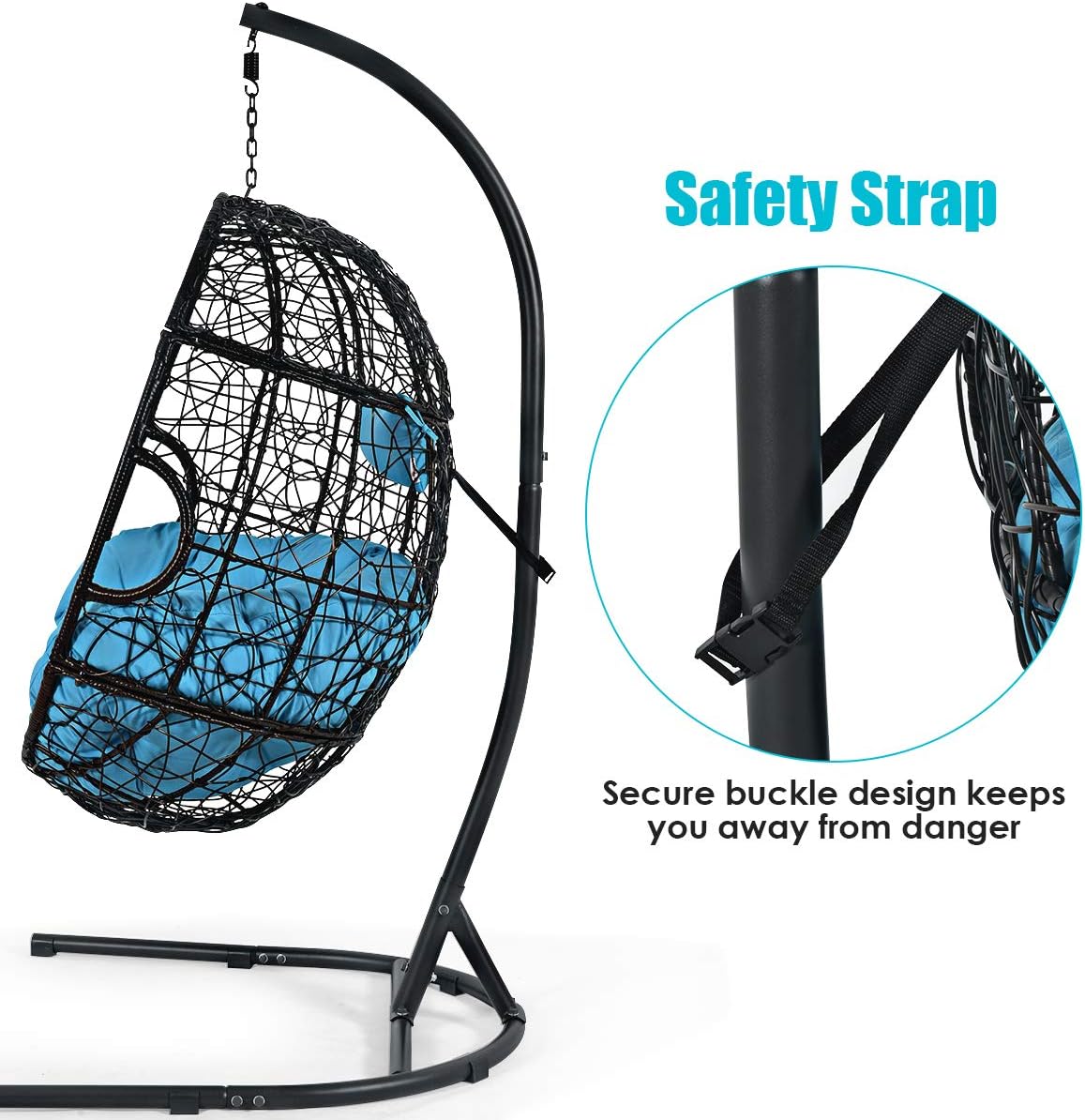 Giantex Hanging Egg Chair, 36.5-Width Oversized Swing Chair with C-Hammock Stand Set, Hammock Chair with Soft Seat Cushion & Pillow, Multifunctional Hanging Chairs for Outdoor Indoor Bedroom (Blue)