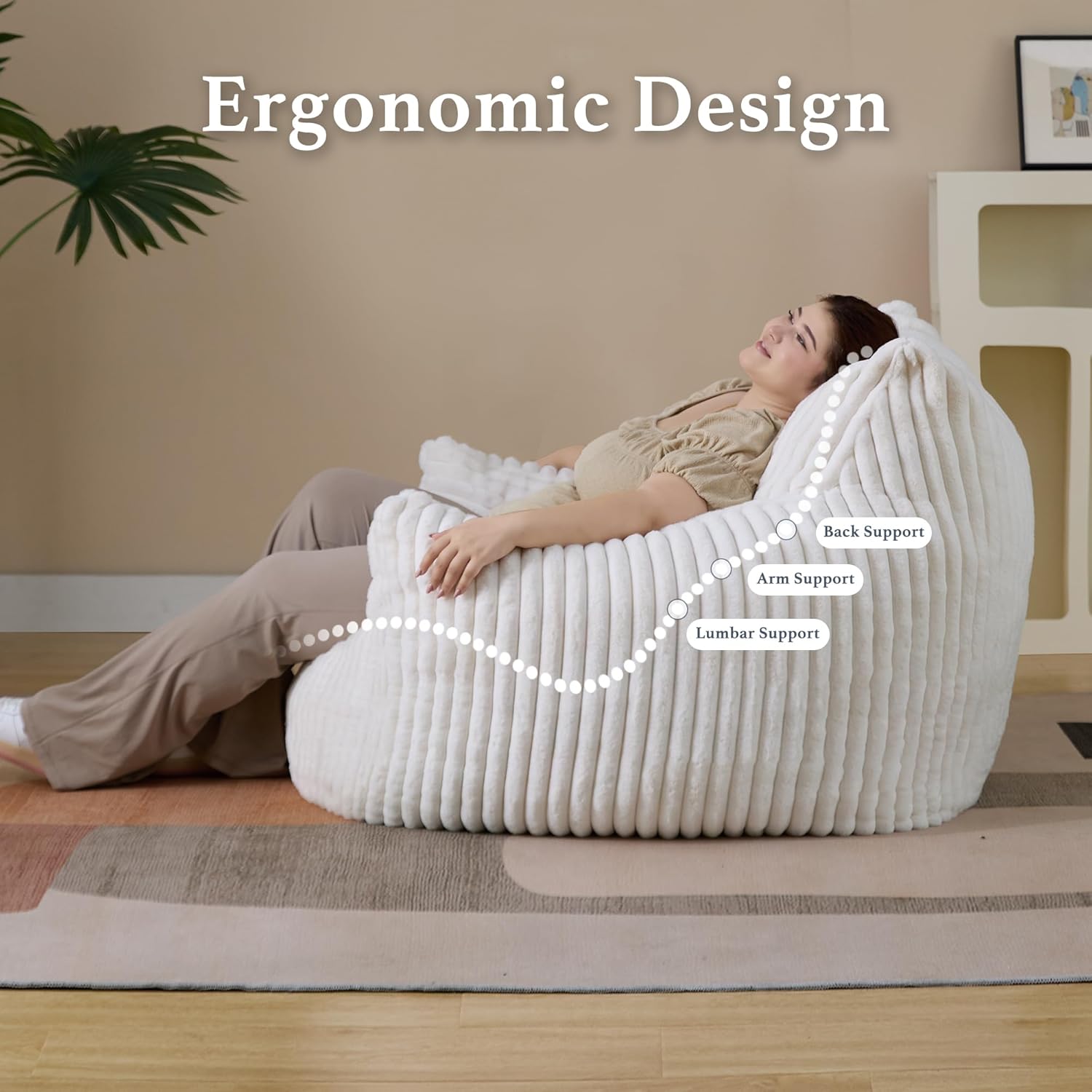 Giant Plush Bean Bag Chair for Adults with Armrests - Oversized Comfy Beige Beanbag Lounge Lazy Floor Sofa Accent Chair for Living Room, Bedroom & Dorm, Cozy Fluffy Single Cloud Mini Couch