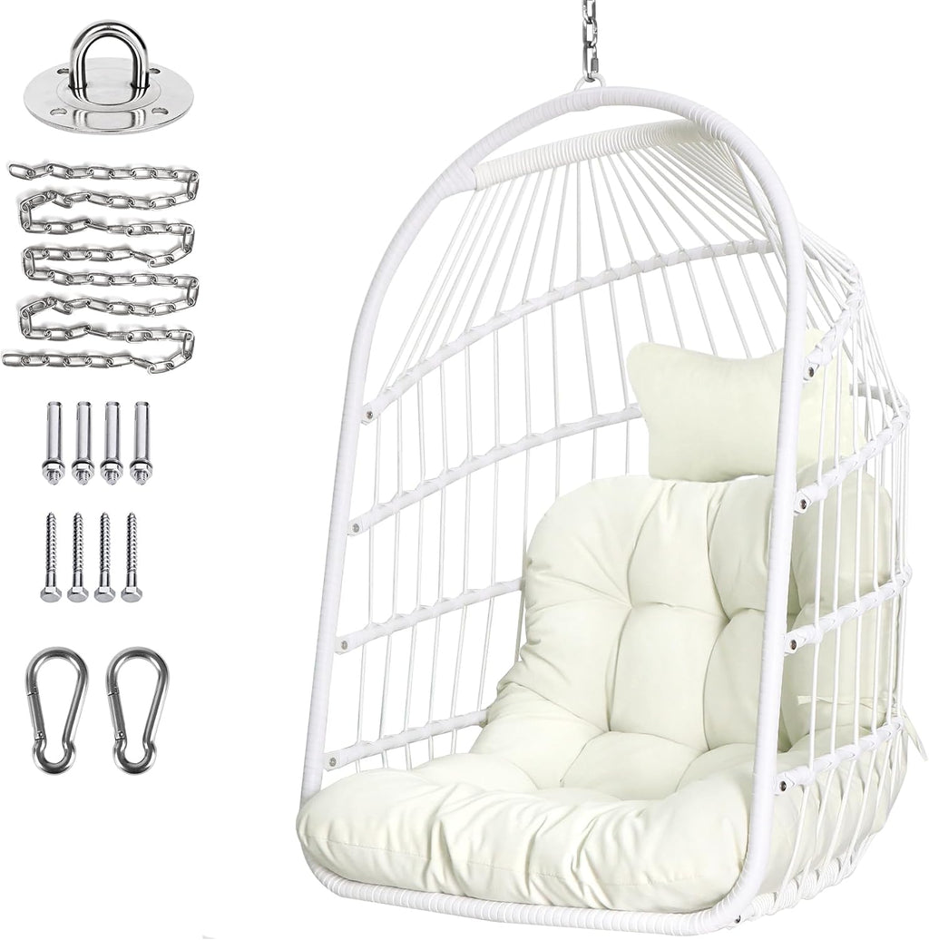 Chihee Egg Chair Foldable Wicker Rattan Hanging Swing Chairs Indoor Outdoor Patio Wicker Chair Hammock Chair with Stainless Steel Hanging Kit Chain Link UV Resistant Cushion Bedroom Balcony