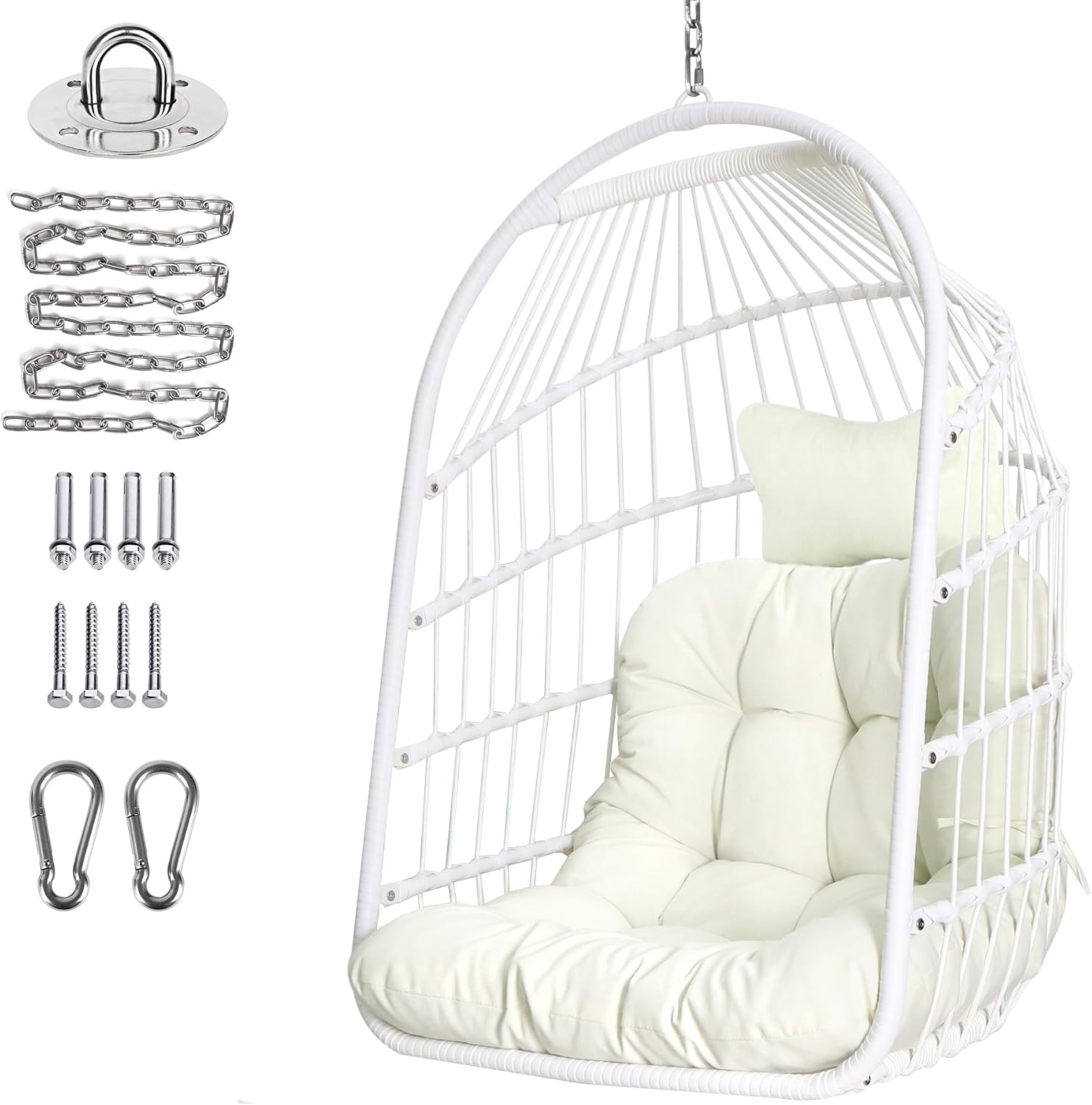 Chihee Egg Chair Foldable Wicker Rattan Hanging Swing Chairs Indoor Outdoor Patio Wicker Chair Hammock Chair with Stainless Steel Hanging Kit Chain Link UV Resistant Cushion Bedroom Balcony