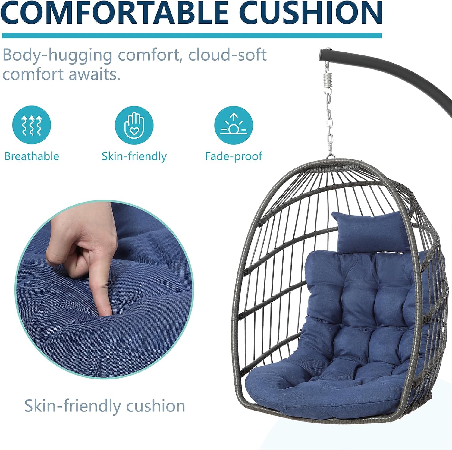 LEYCAY Hanging Egg Chair with Stand, Outdoor Indoor Swing Egg Chair with Cushion, Wicker Hammock for Patio, Bedroom 350 LBS Capacity-Dark Blue