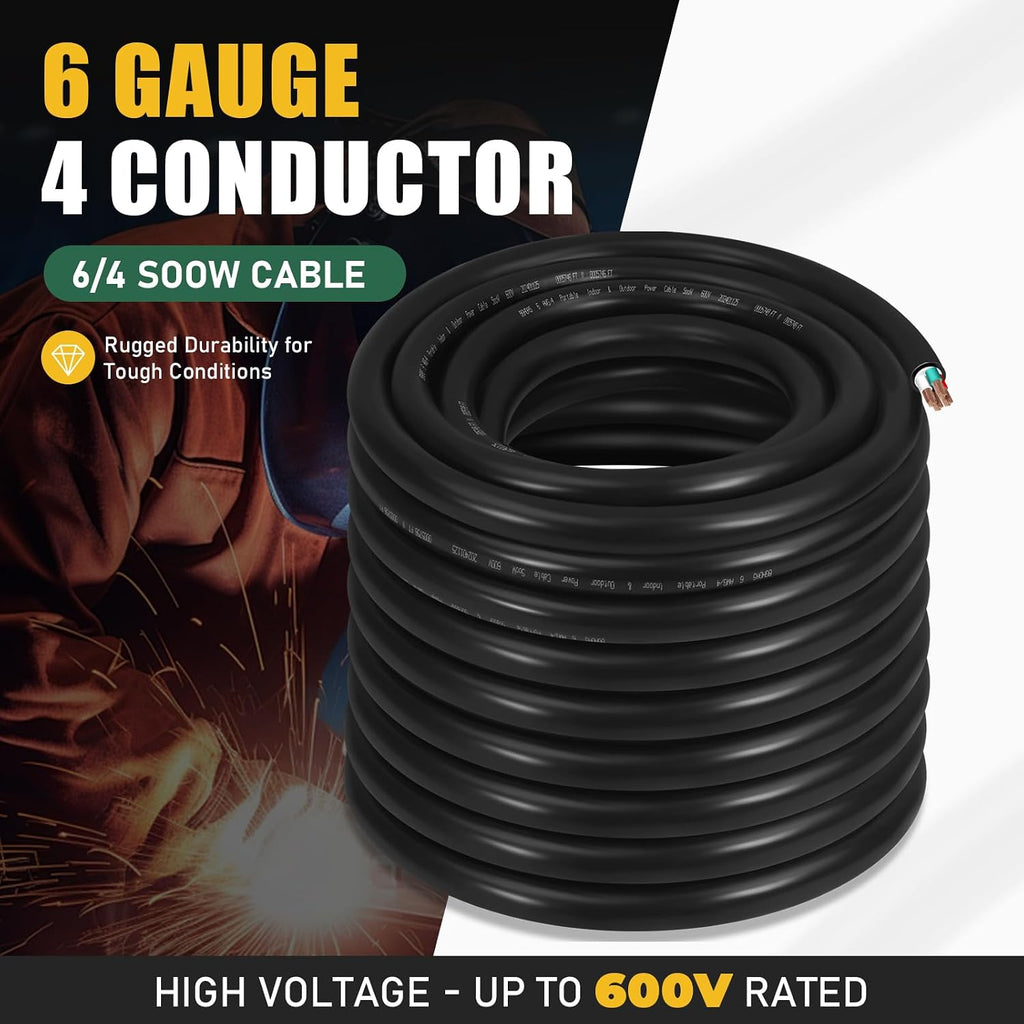 75ft 6/4 6 AWG Portable Power SOOW Cable (4 Conductor) - 600V 6 Gauge Electric SOOW Wire for Welder, Generator, Portable Lights, Circuits, RV/EV Car Chargers, Machinery - 75 Feet Electrical Cord