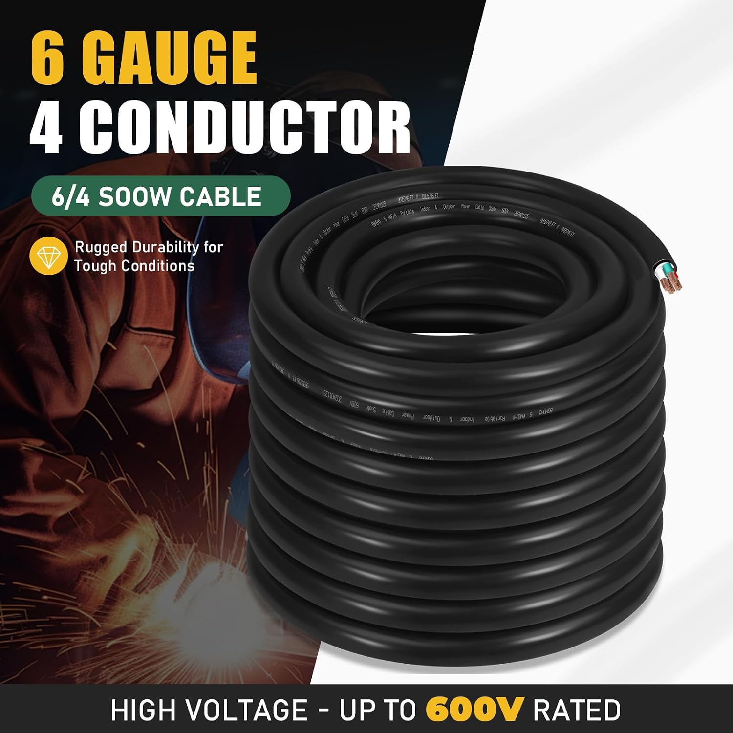 75ft 6/4 6 AWG Portable Power SOOW Cable (4 Conductor) - 600V 6 Gauge Electric SOOW Wire for Welder, Generator, Portable Lights, Circuits, RV/EV Car Chargers, Machinery - 75 Feet Electrical Cord