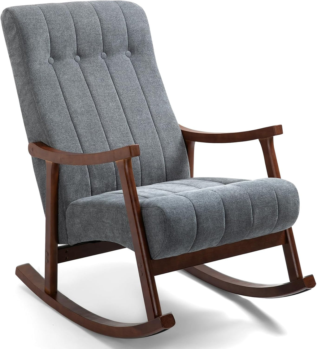 AVAWING Upholstered Rocking Chair with Fabric Padded Seat, Comfortable Rocker Solid Wood for Living Room, Modern High Back Armchair for Adult, Dark Grey