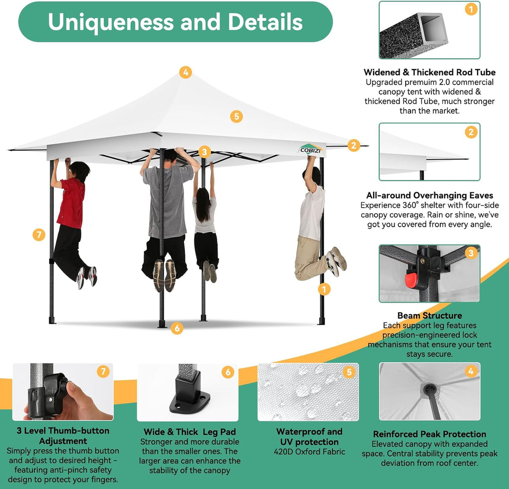 COBIZI 13x13 Pop Up Canopy Tent Heavy Duty with Sidewalls & Auto-Extending Eaves Outdoor Gazebo Easy Up for Backyard Party Commercial Events, All Weather Waterproof UV 50+(Leg Upgraded) White