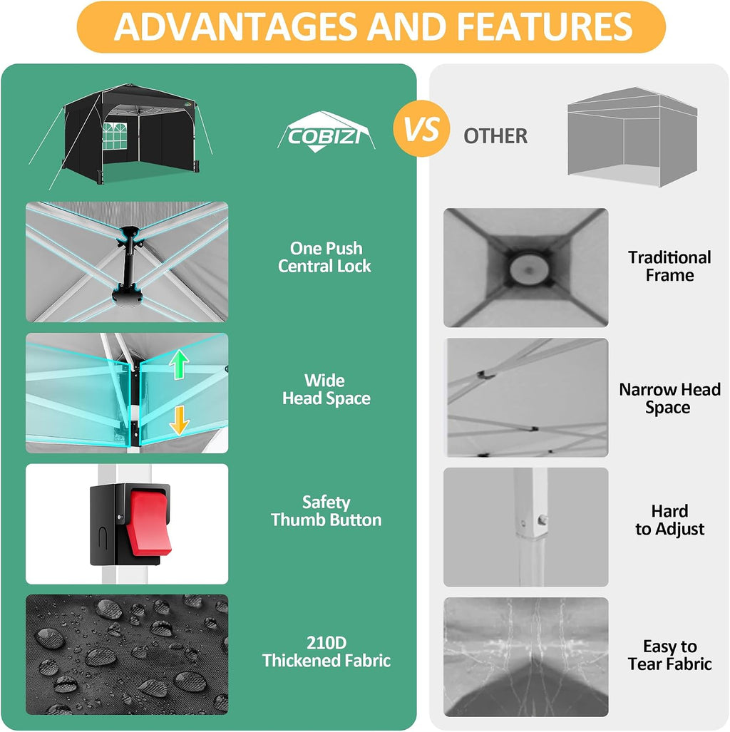 COBIZI Canopy Tent 10x10, Easy Up 10x10 Pop Up Canopy for Party Camping, Party Tents with One Push Central Button Air Vent, Outdoor Gazebo Tent with Sidewalls and Reflective Strip(Black)