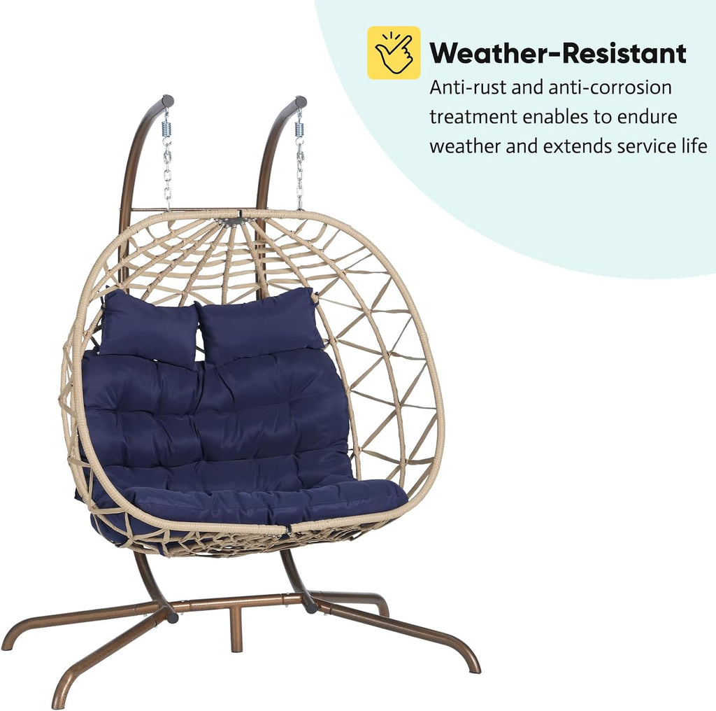 JOYBASE Double Swing Egg Chair with Stand, 2-Person Hanging Egg Chair Wicker Rattan Oversized Swinging Chair for Outdoor Indoor Garden Patio (Dark Blue Cushion and Beige Rattan)