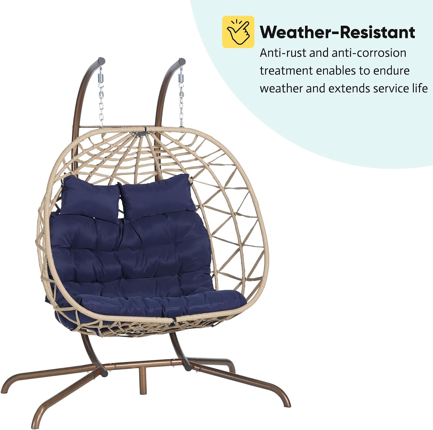 JOYBASE Double Swing Egg Chair with Stand, 2-Person Hanging Egg Chair Wicker Rattan Oversized Swinging Chair for Outdoor Indoor Garden Patio (Dark Blue Cushion and Beige Rattan)
