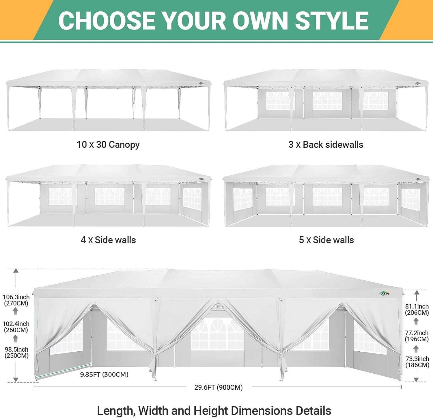 COBIZI 10x30 Pop Up Canopy Tent for Parties with 8 Sidewalls Waterproof Commercial Instant Canopy 10x30 Party Tent for Backyard, Wedding Portable Outdoor Gazebo with Carrybag&4 Sandbags(White