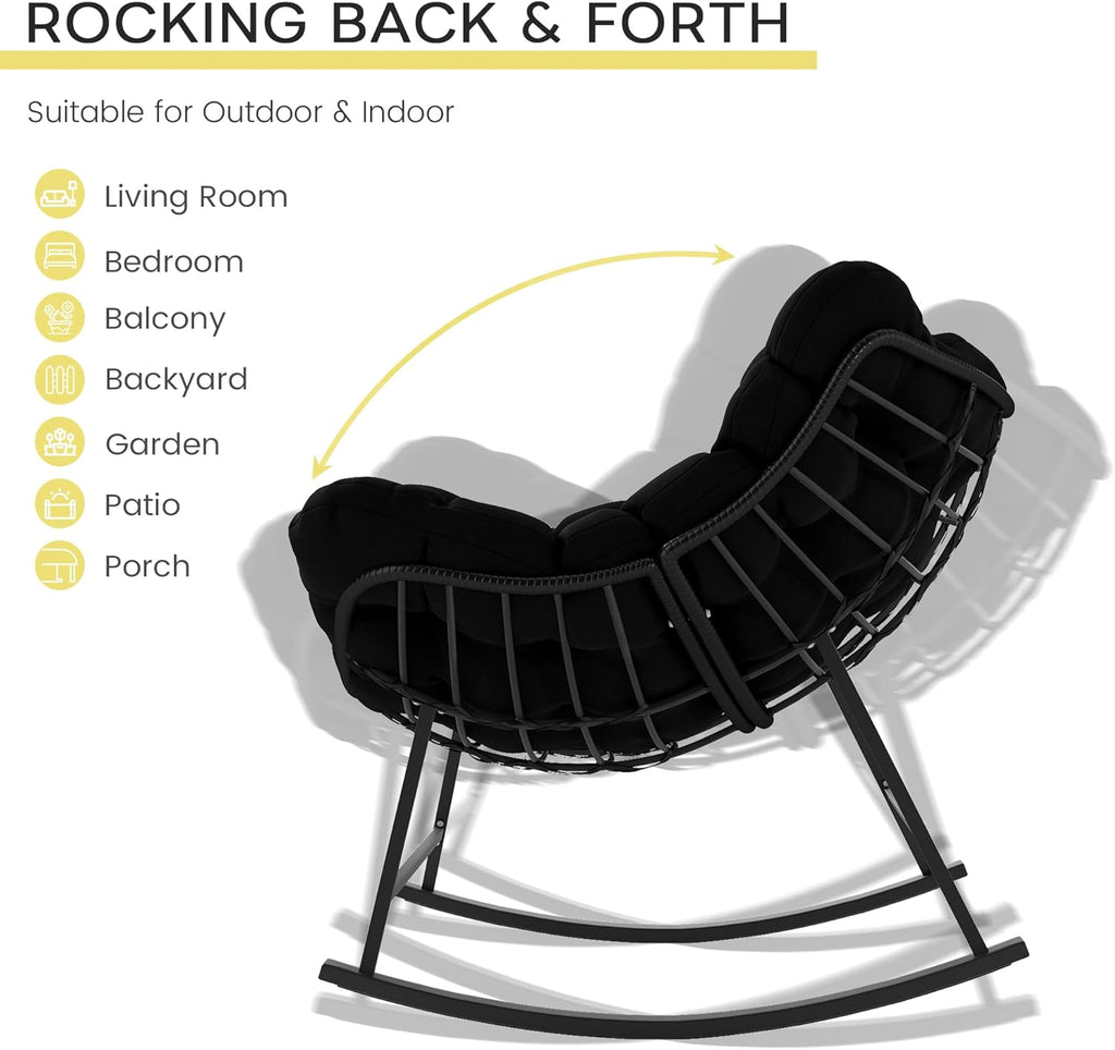 Kromax Oversized Outdoor Papasan Rocking Chair, Wicker Egg Chair Rocker for Outside, Comfy Patio Rocker, Large Indoor Rocking Recliner, Modern Egg Style, Black