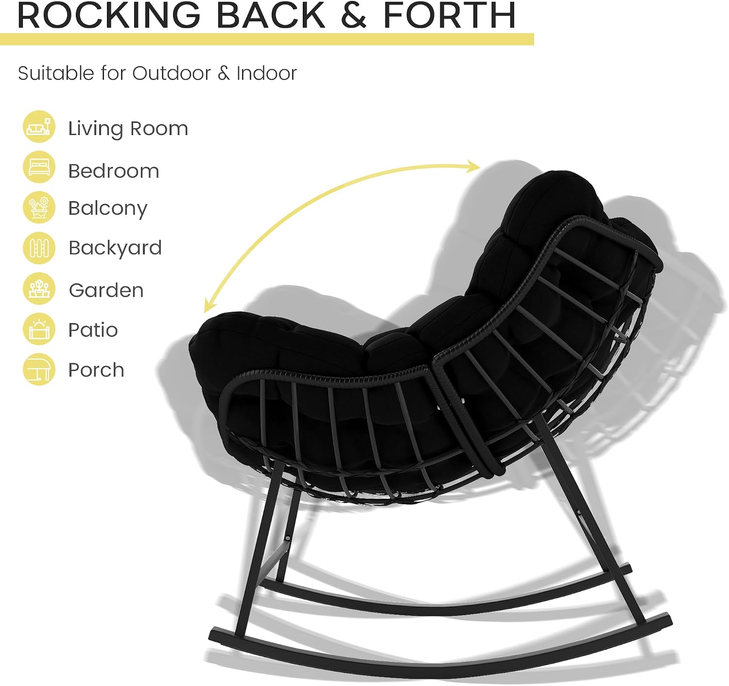 Kromax Oversized Outdoor Papasan Rocking Chair Set of 2, Wicker Egg Chair Rocker for Outside, Comfy Patio Rocker, Large Indoor Rocking Recliner, Modern Egg Style, Black