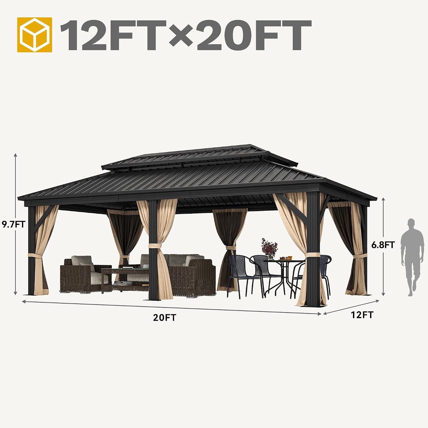 DWVO 12x20ft Hardtop Gazebo Double Roof with Nettings and Curtains, Heavy Duty Galvanized Steel Outdoor Vertical Stripes Roof for Patio, Backyard, Deck, Lawns, Brown